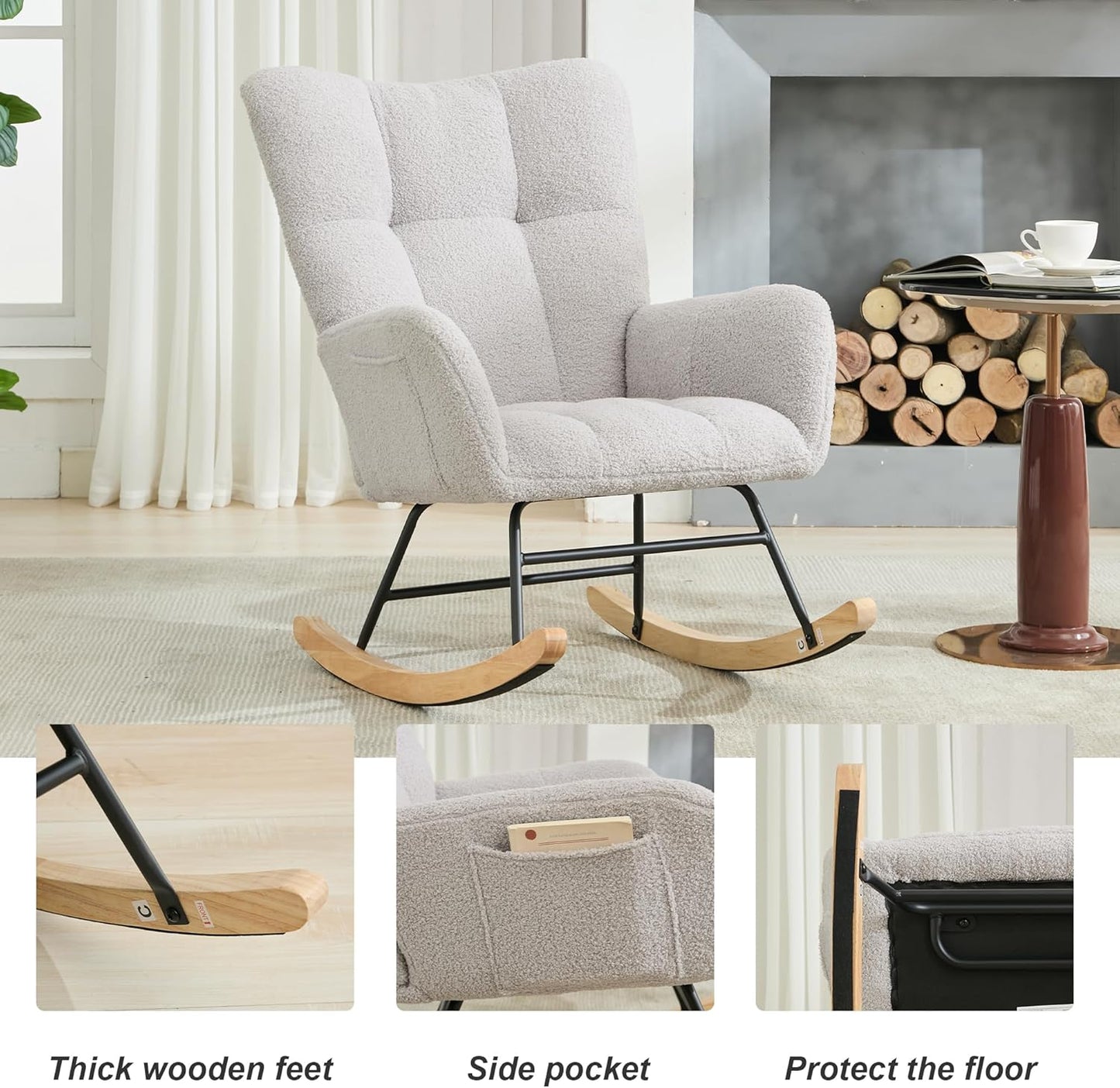 Nursery Rocking Chair Teddy Upholstered Glider Rocker Rocker Accent Chair with High Backrest Armchair Comfy Side Pocket Modern Rocking Accent Chairs for Living Room, Nursery, Office-Green