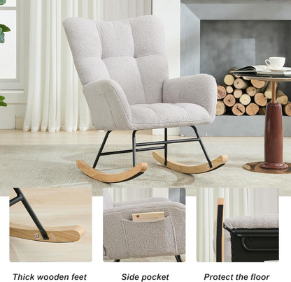 Nursery Rocking Chair Teddy Upholstered Glider Rocker Rocker Accent Chair with High Backrest Armchair Comfy Side Pocket Modern Rocking Accent Chairs for Living Room, Nursery, Office-Green