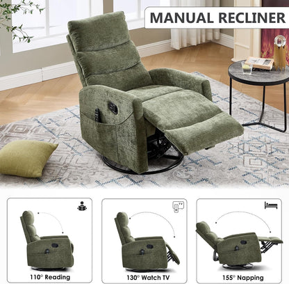 Trustyue Swivel Rocker Recliner Chair, 360° Swivel Recliner with Heat and Massage, Rocker Recliner Nursery Glider Chair with Side Pockets for Living Room (Beige, Fabric)