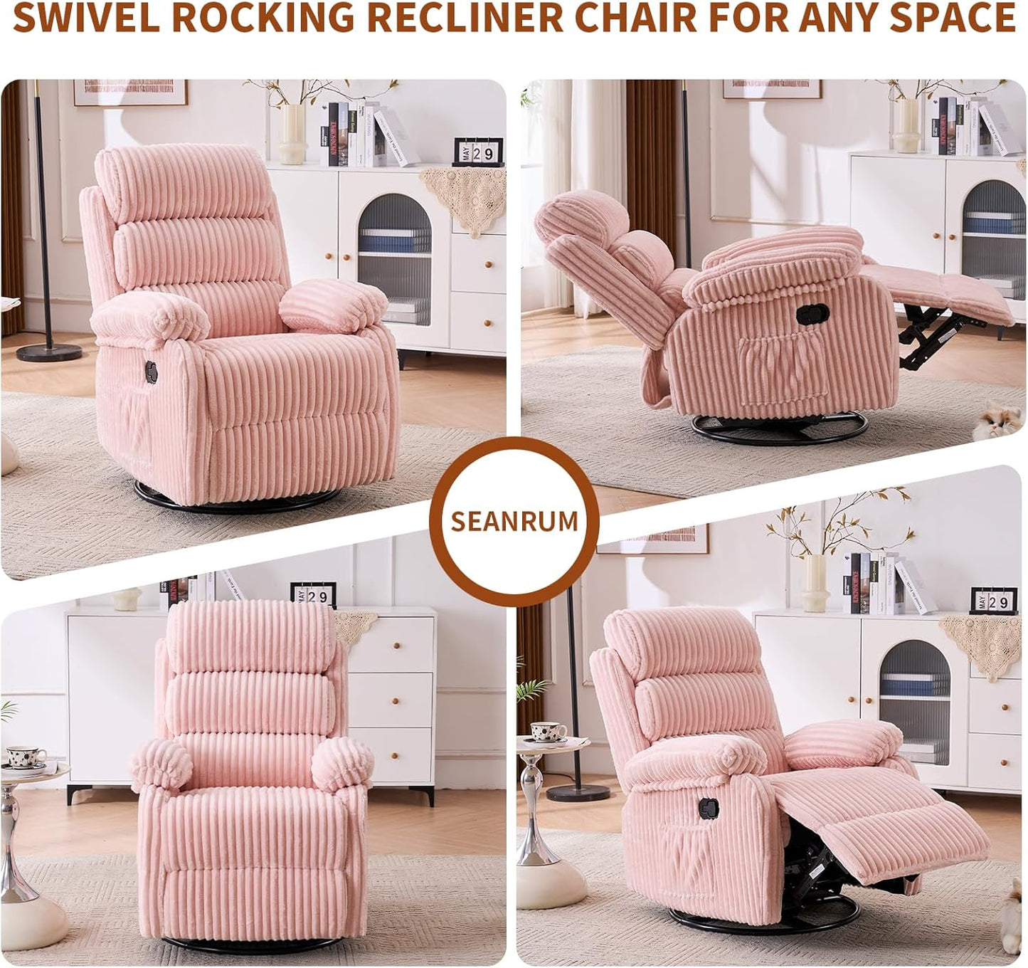 Adult 360° Rocking Recliner Chair，Nursery Rocker Reclining Chair with Side Pocket, a Comfy upholstered Single Sofa Armchair. Suitable for Living Room, Bedroom Nursing use, Velvet Fabric in Beige