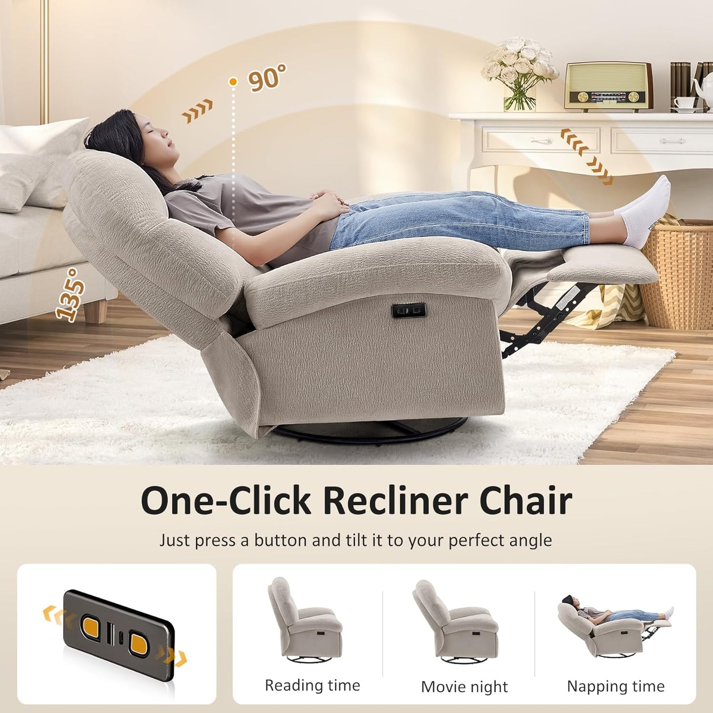 VANOMi Power Recliner Chair with USB & Type-C Charging, 270° Swivel Glider Rocker, Electric Nursery Recliner for Living Room, Bedroom, and Office, White