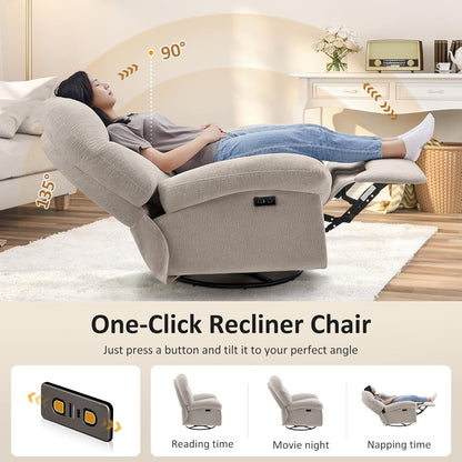 VANOMi Power Recliner Chair with USB & Type-C Charging, 270° Swivel Glider Rocker, Electric Nursery Recliner for Living Room, Bedroom, and Office, White