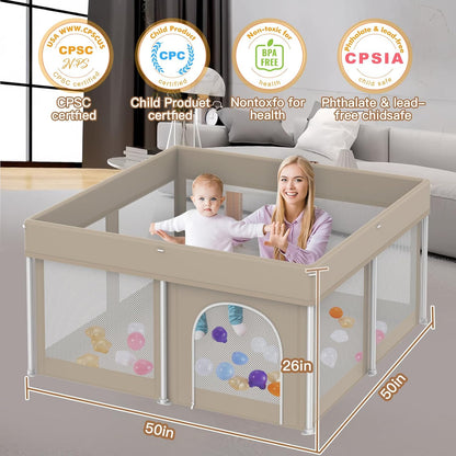 Foldable Baby Playpen 50"×50", Playard for Babies and Toddlers, Portable Safety Baby Fence Lightweight,No Installation, Indoor & Outdoor Playpen with Ocean Balls*50, Grey