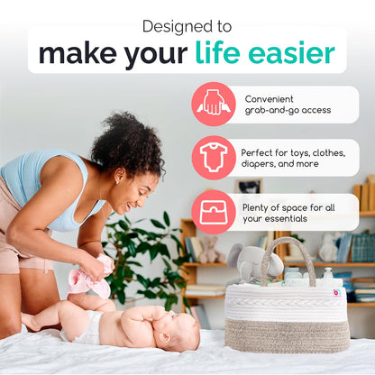 Rope Diaper Caddy - Storage for Baby and Toddler Items - Portable Cotton Organizer Easily Holds Diapers, Wipes, Clothing - Useful for Nursery, Bedroom (Gray, Regular)