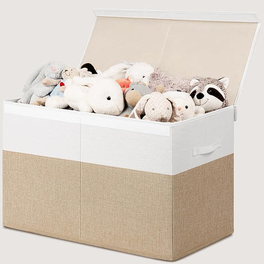 INDRESSME Large Toy Box with Lid, Collapsible Toy Storage Organizer Chest with Divider, Foldable Toy Bin for Kids Boys Girls Playroom Nursery Bedroom Living Room 25"x16"x13" (Beige & White)