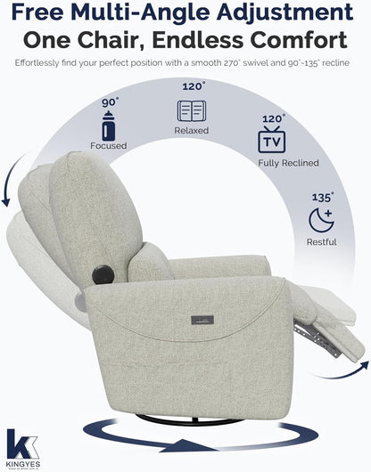 KINGYES Power Recliner Chair, 270° Swivel Glider, Living Room Recliner with USB-C Port, Nursery Rocking Chair, Gray