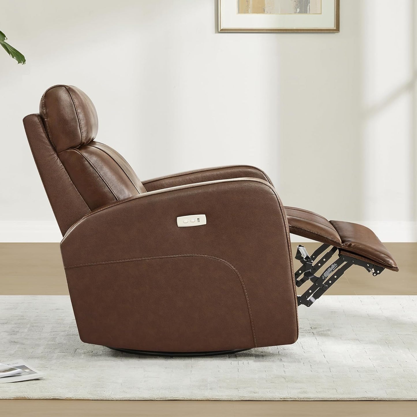 CHITA Genuine Leather Power Recliner Chair for Adults, FSC Certified Electric Nursery Swivel Glider for Living Room, Camel Brown