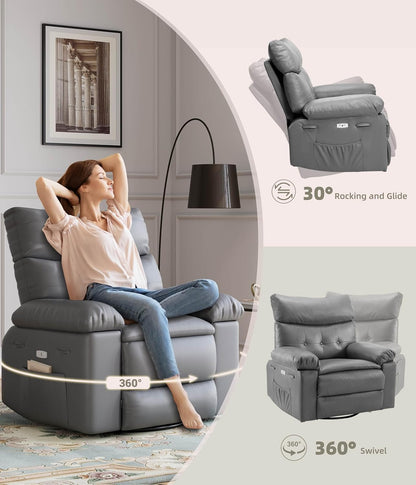 GarveeHome Oversized Power Rocker Swivel Recliner Chair - Heat and Massage, PU Leather Electric Glider Rocking Chair with USB Port, Glider Recliner Nursery Chair for Living Room, Bedroom, Nursery