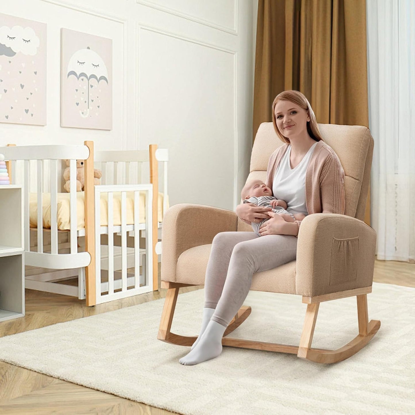 HCHAIRH Rocking Chair Nursery, Upholstered Fabricr Nursing Rocking Chairs with Soft High Back, Modern Nursery Glider Rocker for Mom Living Room, Bedroom, Camel
