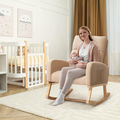 HCHAIRH Rocking Chair Nursery, Upholstered Fabricr Nursing Rocking Chairs with Soft High Back, Modern Nursery Glider Rocker for Mom Living Room, Bedroom, Camel