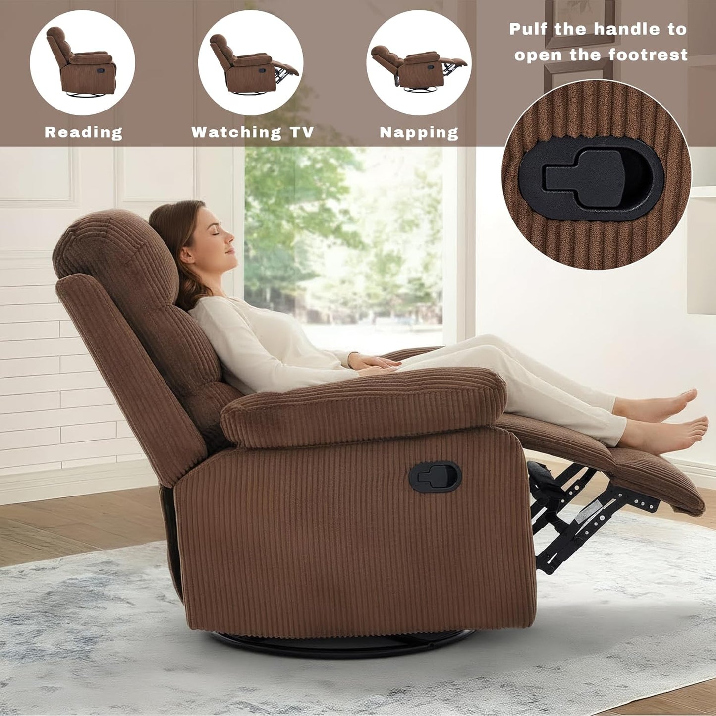 Rocking Recliner Chair,Modern Swivel Glider Recliner Chair,Corduroy Fabric Upholstery Recliner,Manual Reclining Sofa Chair for Living Room,Office,Apartment (Beige)