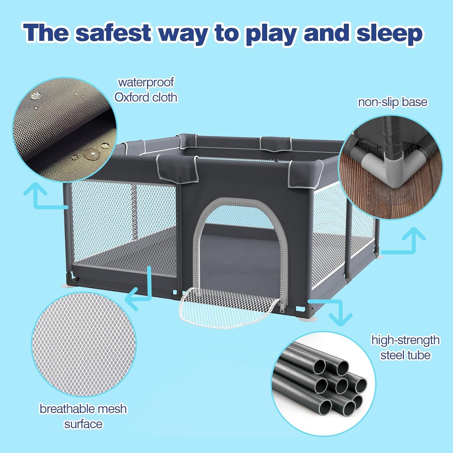 Grobeybees Playpen for Babies and Toddlers, Small Baby Playpen, Playard with Bag, Indoor & Outdoor Play Pen, Sturdy Safety Baby Play Yard with Soft Breathable Mesh(Black, 36x36 inches)