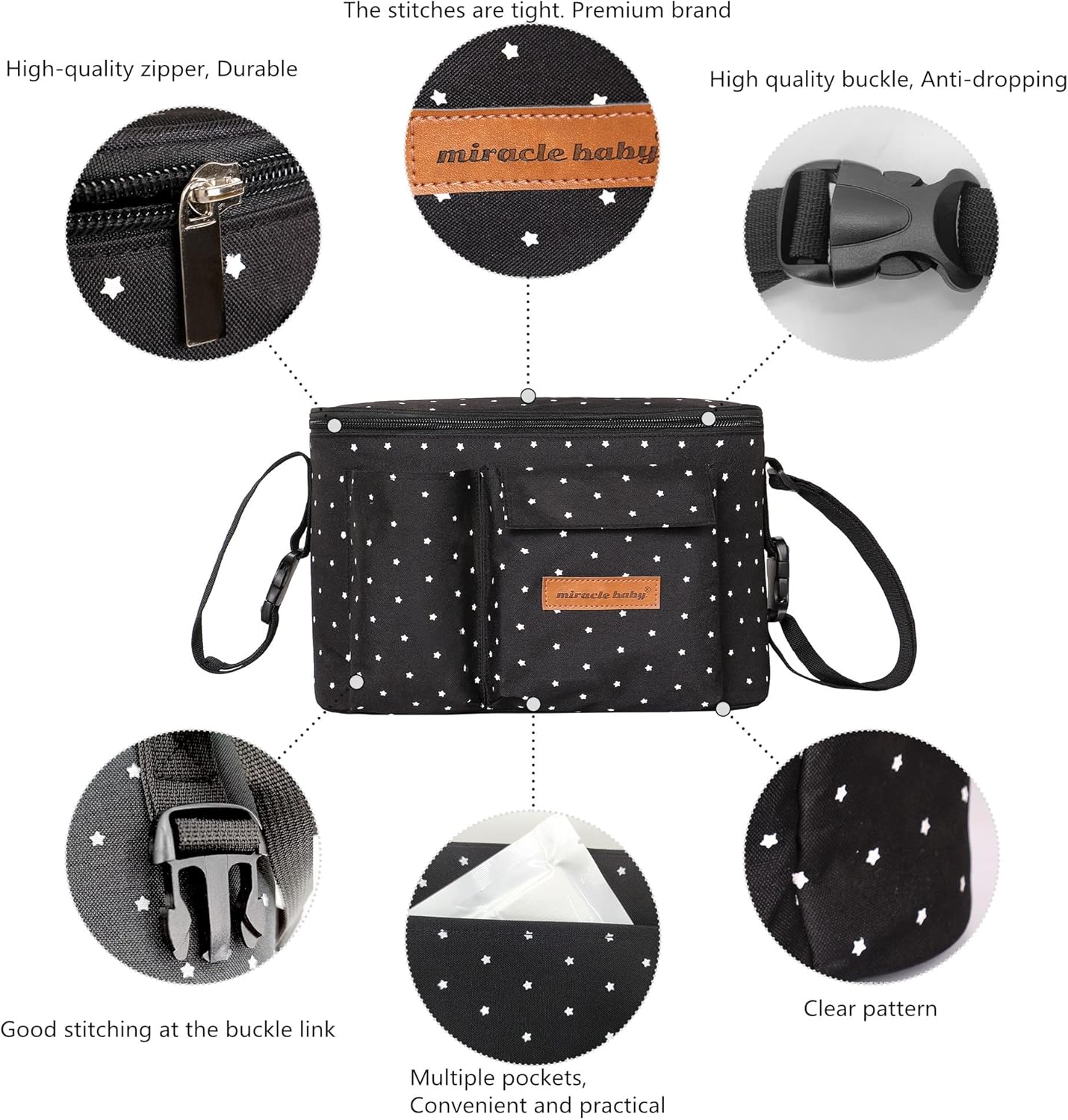 Miracle Baby Stroller Organizer Bag for Mom,Universal Stroller Storage Caddy Diaper Bag- Compatible with Most Stroller - Multifunctional Larg(Grey Star)