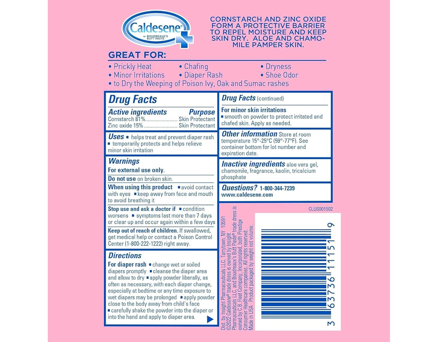 Caldesene Medicated Protecting Body Powder with Zinc Oxide and Cornstarch, Talc-Free Baby Powder Soothes & Protects, 5 Oz.