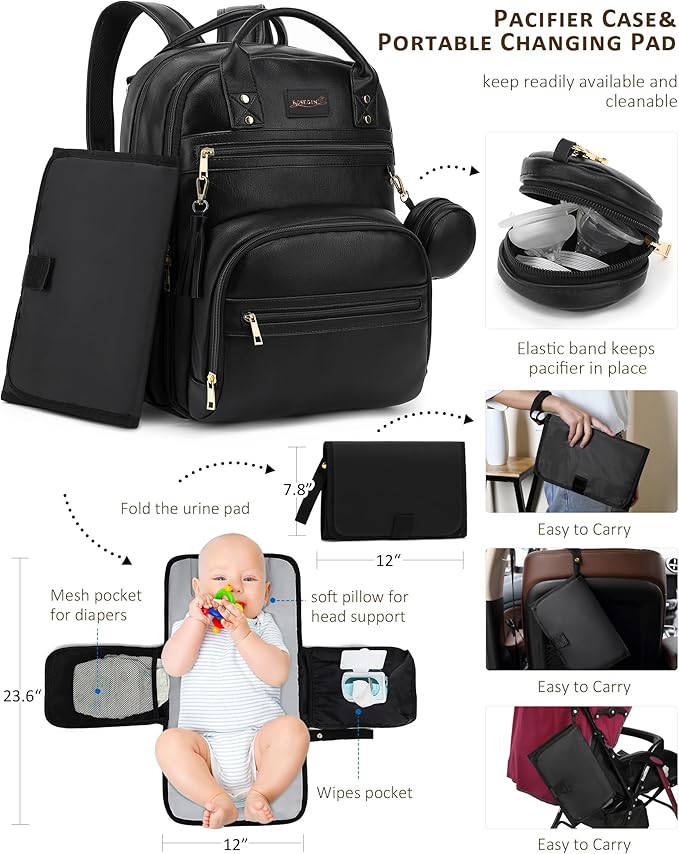 ROSEGIN Premium Vegan Leather Diaper Bag Backpack with Waterproof Changing Pad, Reinforced Zippers & Odor-Free, 20 Pockets Pro Organizer, Fits 15.6" Laptop, Stroller Straps, Baby Bag for Mom, Black