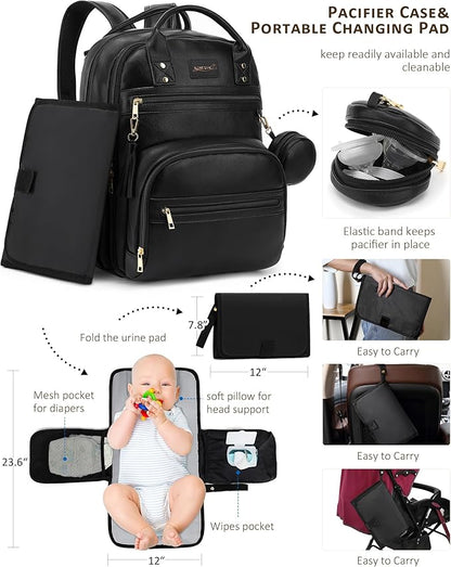 ROSEGIN Premium Vegan Leather Diaper Bag Backpack with Waterproof Changing Pad, Reinforced Zippers & Odor-Free, 20 Pockets Pro Organizer, Fits 15.6" Laptop, Stroller Straps, Baby Bag for Mom, Black