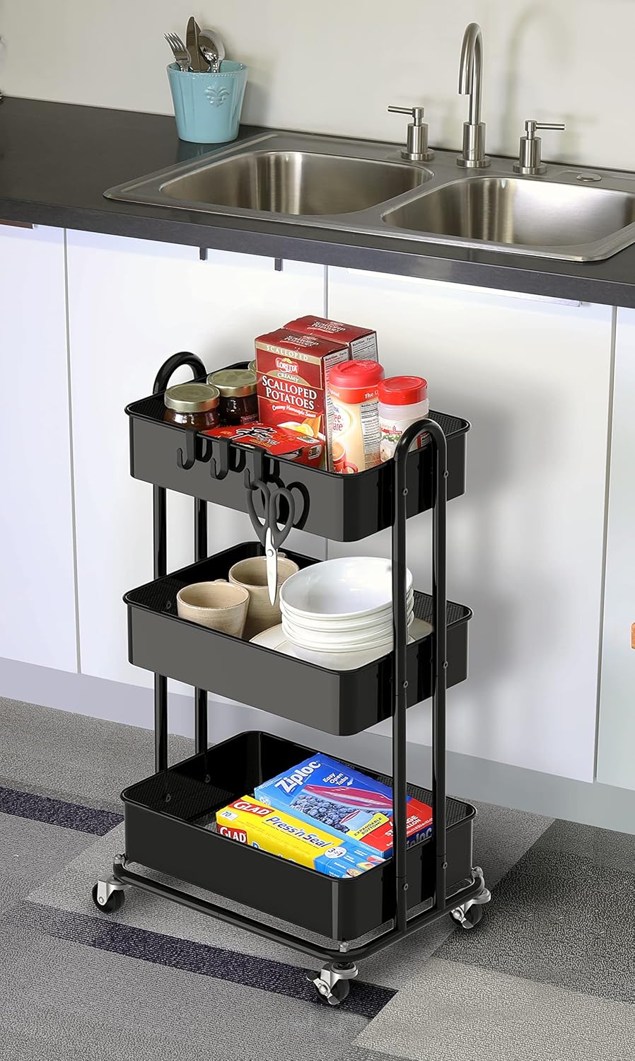 Simple Houseware 3-Tier Heavy Duty Metal Utility Rolling Cart, White