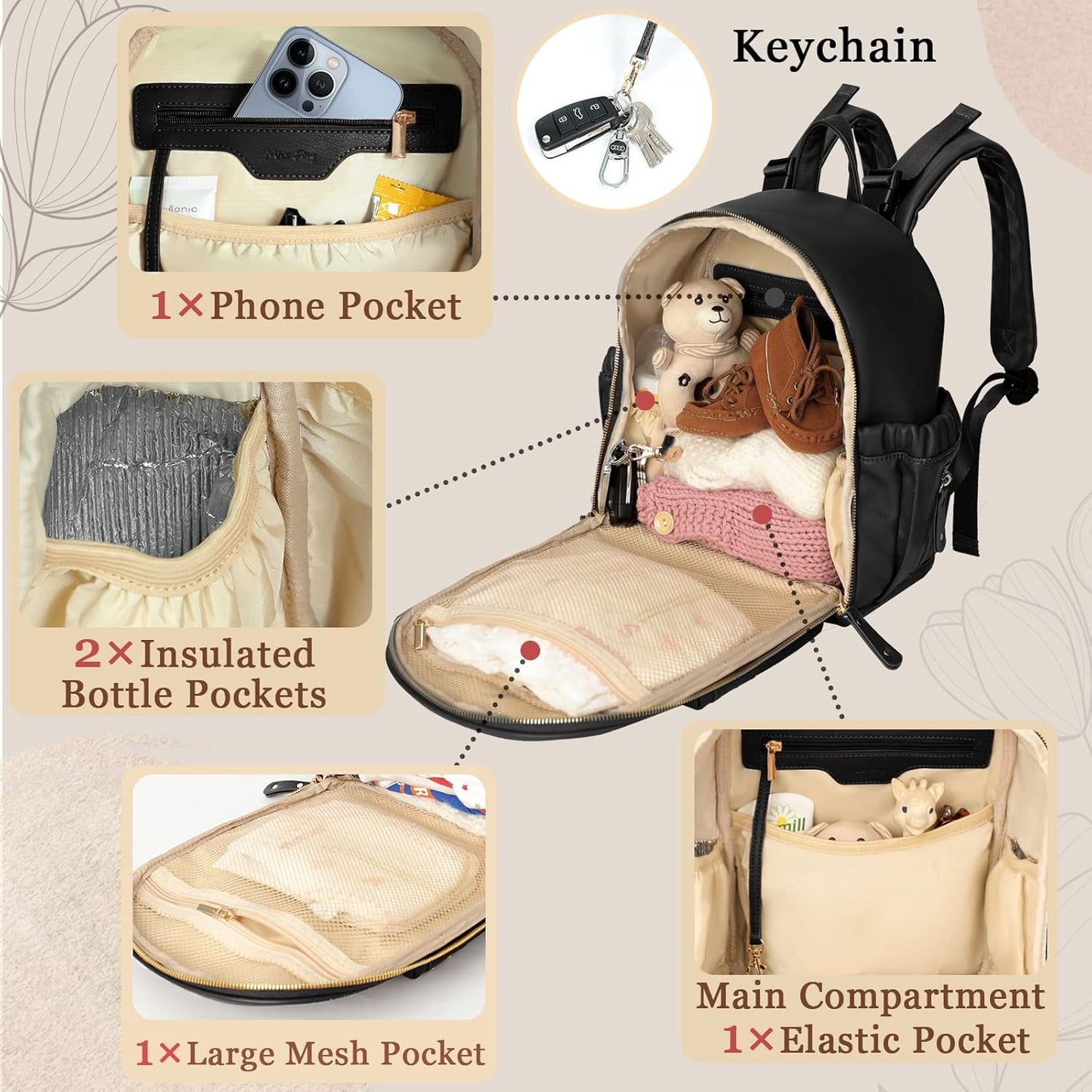 miss fong Small Diaper Bag Mini Diaper Bag Backpack Mini Backpack with 11 Pockets Baby Diaper Bag with Hand Sanitizer Holder, 2 Insulated Pockets-BALCK