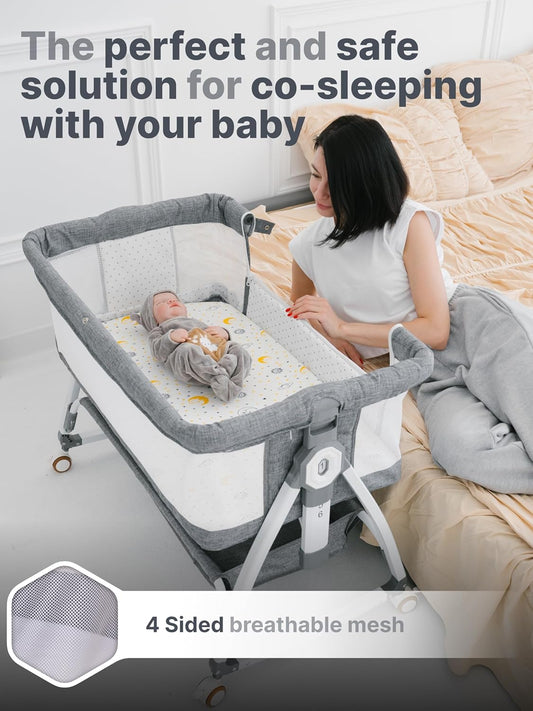 Earth&ME Baby Bassinet Bedside Sleeper with Rocking - All Mesh Portable Bedside Crib for Safe Co-Sleeping, Storage Basket and Wheels, Adjustable Height, Includes Travel Bag, Mosquito Net (Whate, Grey)