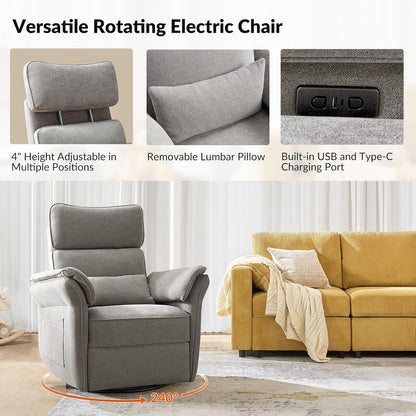 HULALA HOME Nursery Glider Recliner with Adjustable Headrest and Armrests, Power Swivel Rocker Recliner Chair with USB Port and Storage Bags, GREENGARD, FSC, CertiPUR-US® Certified, Beige