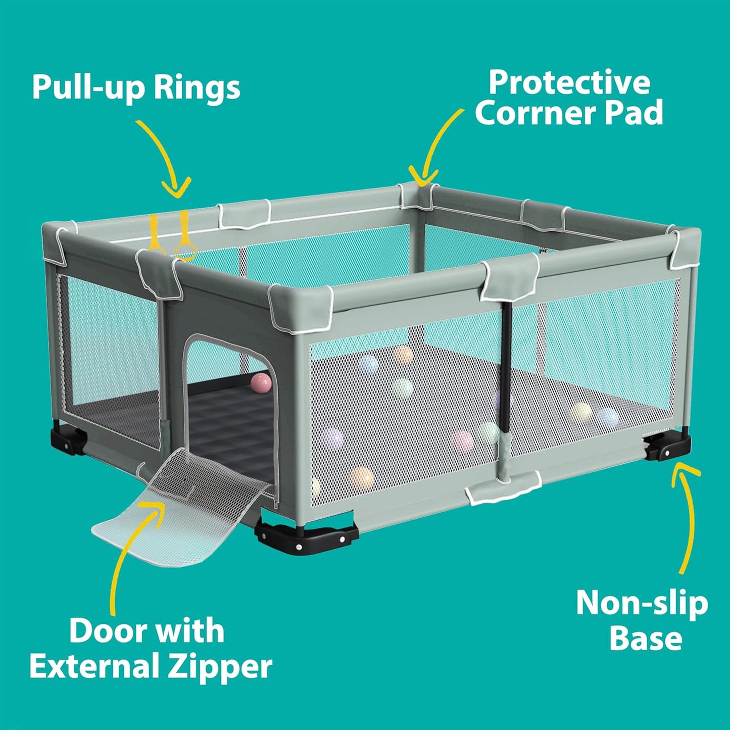 ICAREWAY Foldable Playpen for Babies and Toddlers, 50x50 Inches Portable Playpen, Kids Collapsible Play Pen with 2 Handlers, Indoor & Outdoor Baby Fence Play Area with Visible Mesh, Dark Gray