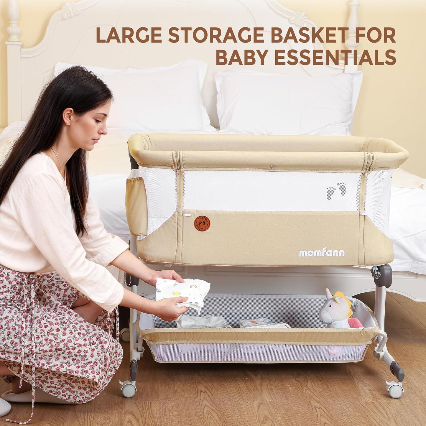 Baby Bassinet, Bedside Sleeper for Newborns Convertible Co-Sleeper Crib with Breathable Mesh, 6-Level Height Adjustment, Built-In Storage, Foldable Portable Bassinet for Home or Travel, Pink & Purple