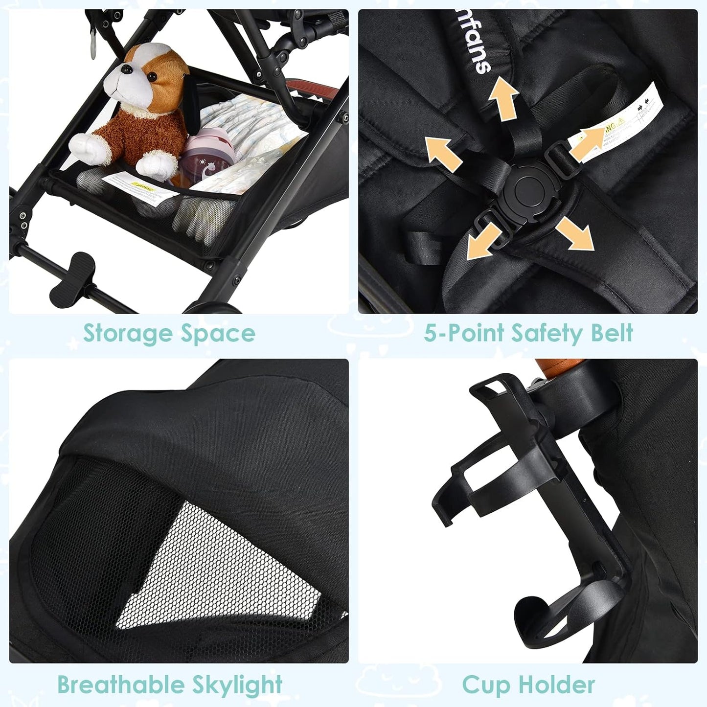 INFANS Lightweight Baby Stroller, Compact Infant with One-Hand Fold, Travel Stroller for Airplane with Cup Holder, Canopy 5-Point Harness Foot Cover for 6-36 Month