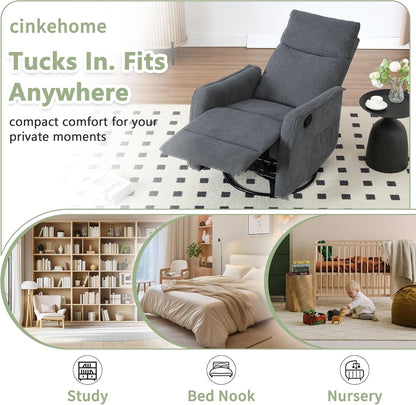 cinkehome Swivel Rocker Recliner, Glider Rocker Recliner Chair for Nursery, Manual Reclining Chair with Heated Massage, Small Spaces, Living Room, Khaki Chenille