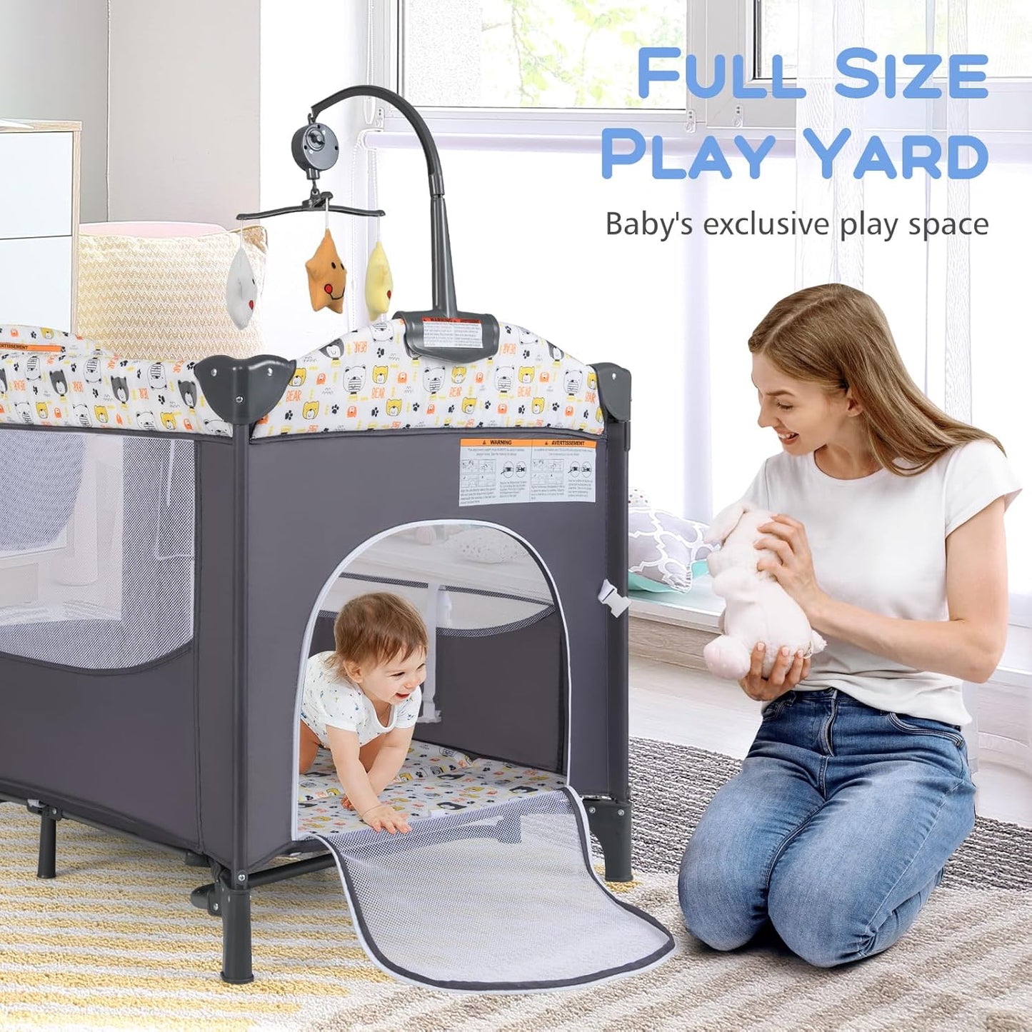 INFANS Pack and Play, 5 in 1 Baby Bedside Sleeper with Bassinet, Diaper Changer, Mattress, Carry Bag, Music Box Hanging Toys, Foldable Bedside Crib, Portable Playard for Newborn Toddlers (Gray)
