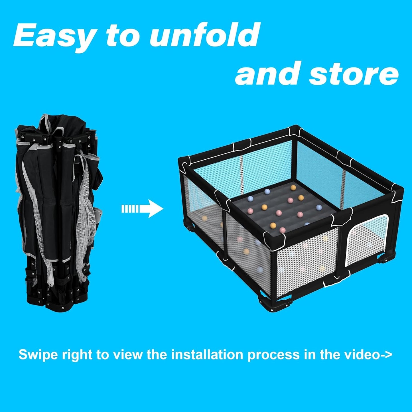 Grobeybees Playpen for Babies and Toddlers, Small Baby Playpen, Playard with Bag, Indoor & Outdoor Play Pen, Sturdy Safety Baby Play Yard with Soft Breathable Mesh(Black, 36x36 inches)