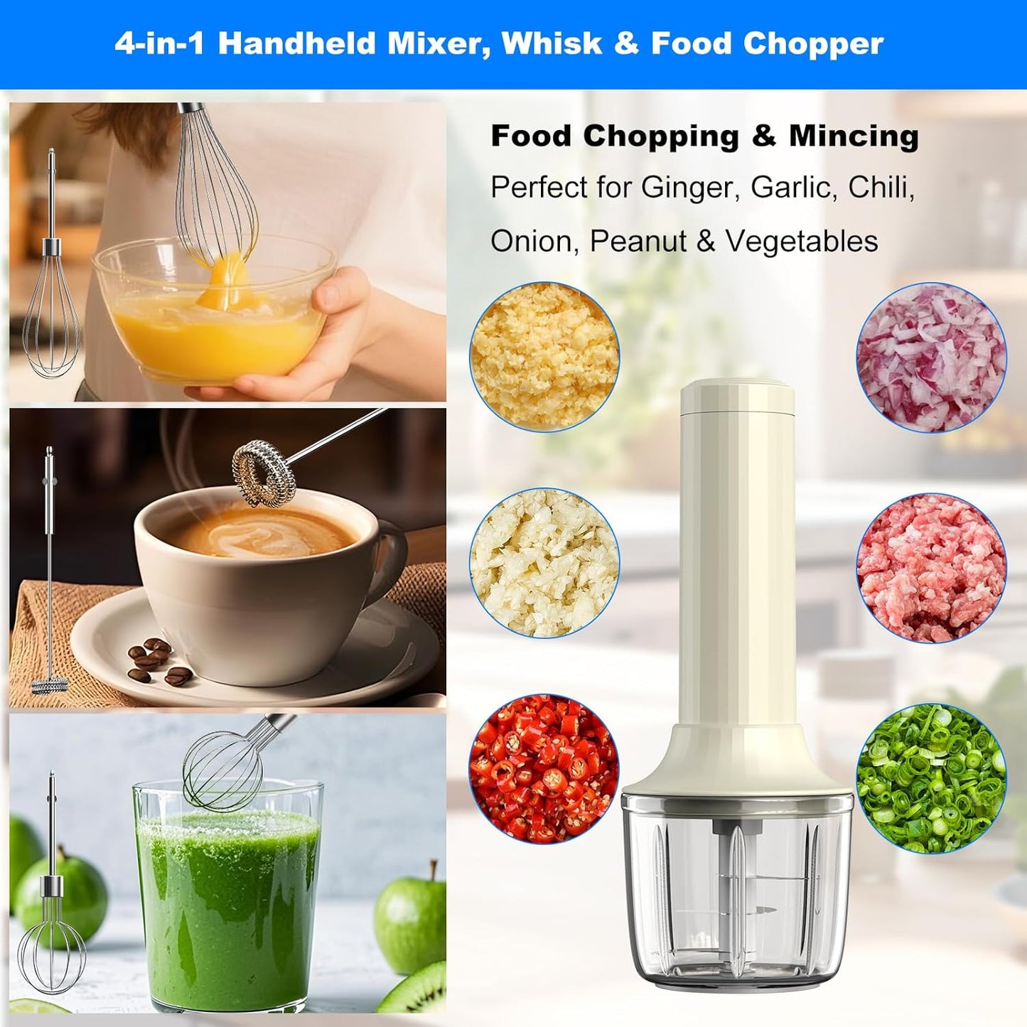 Hand Mixer with Whisk and Forther Wand,Electric Whisk, Milk Frother, Hand Held Mixers,Cordless Hand Mixer, Whisks for Cooking, Mini Mixer,Stirrers Electric,Food Chopper, Baby Food Maker,4-Speed, 10Oz