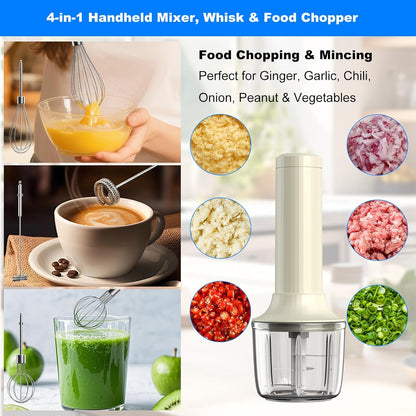 Hand Mixer with Whisk and Forther Wand,Electric Whisk, Milk Frother, Hand Held Mixers,Cordless Hand Mixer, Whisks for Cooking, Mini Mixer,Stirrers Electric,Food Chopper, Baby Food Maker,4-Speed, 10Oz