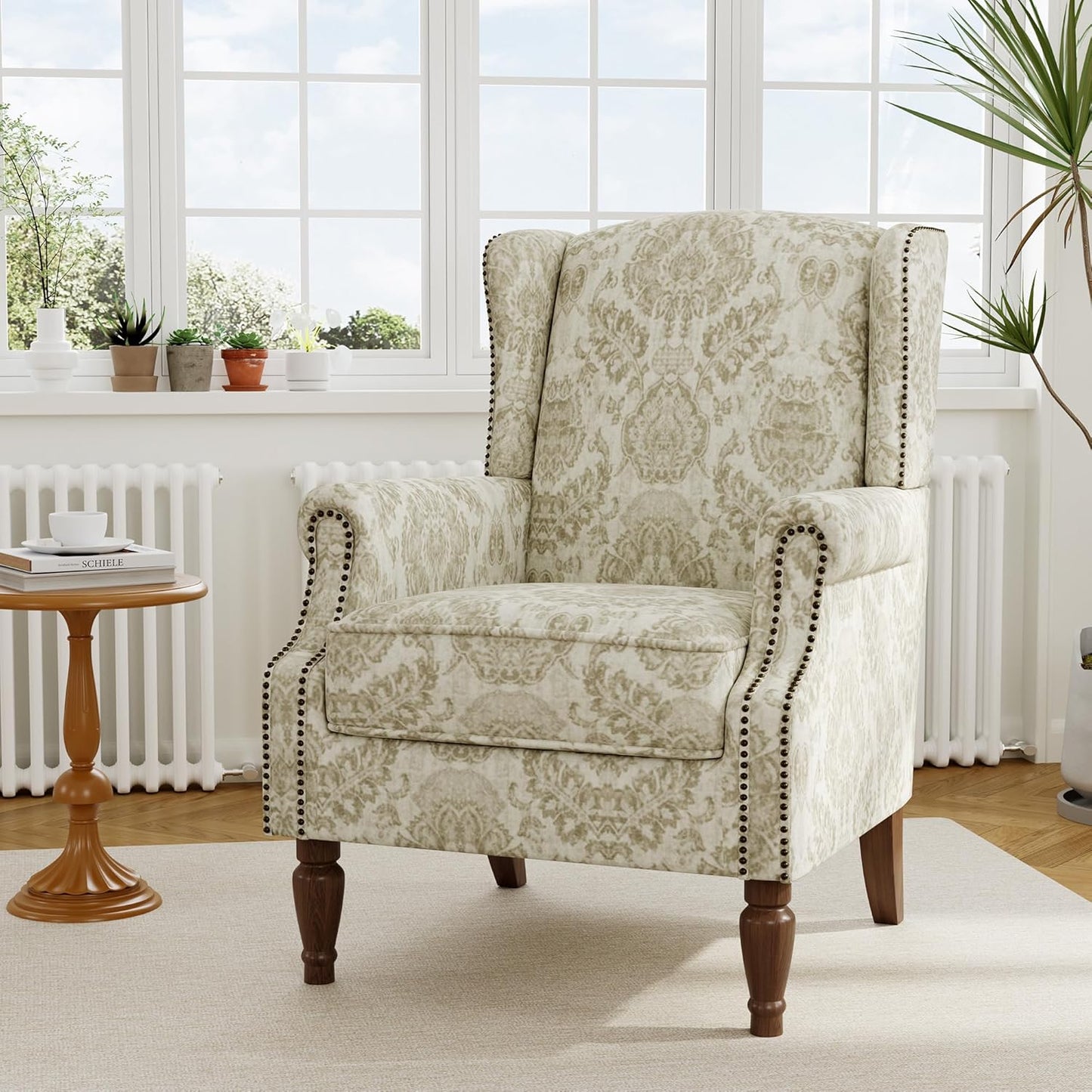Swivel Rocker Recliner Chair, Manual Nursery Glider Recliner, Floral Fabric Wingback Accent Chair with Adjustable Backrest & Footrest for Small Spaces Living Room Bedroom (Plants Floral, Set of 1)