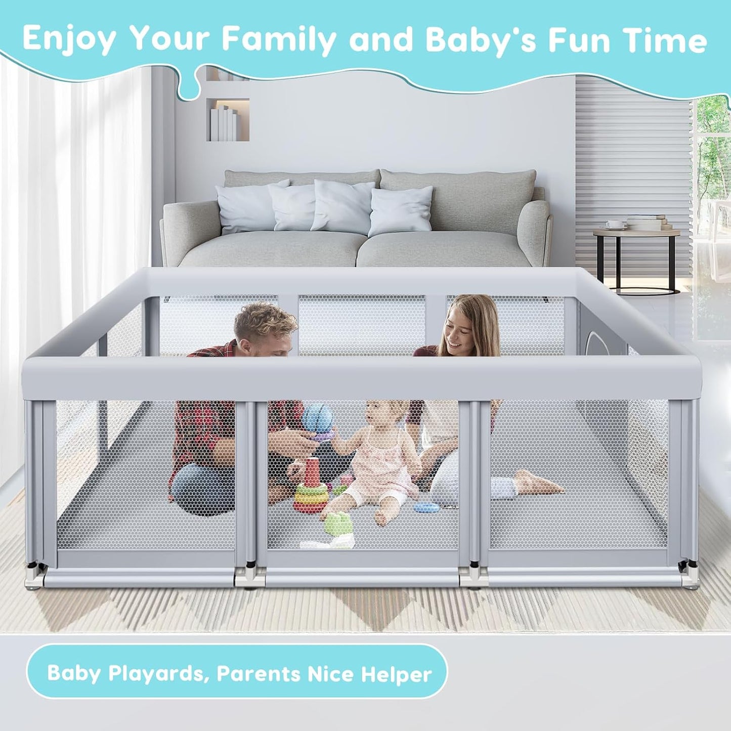 Fshibila 74" ×50" Large Baby Playpen, Baby Playard for Babies and Toddlers, Baby Fence Play Pens for Indoor & Outdoor, Sturdy Safety Play Yard with Soft Breathable Mesh, Anti-Fall, Grey