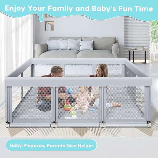 Fshibila 74" ×50" Large Baby Playpen, Baby Playard for Babies and Toddlers, Baby Fence Play Pens for Indoor & Outdoor, Sturdy Safety Play Yard with Soft Breathable Mesh, Anti-Fall, Grey