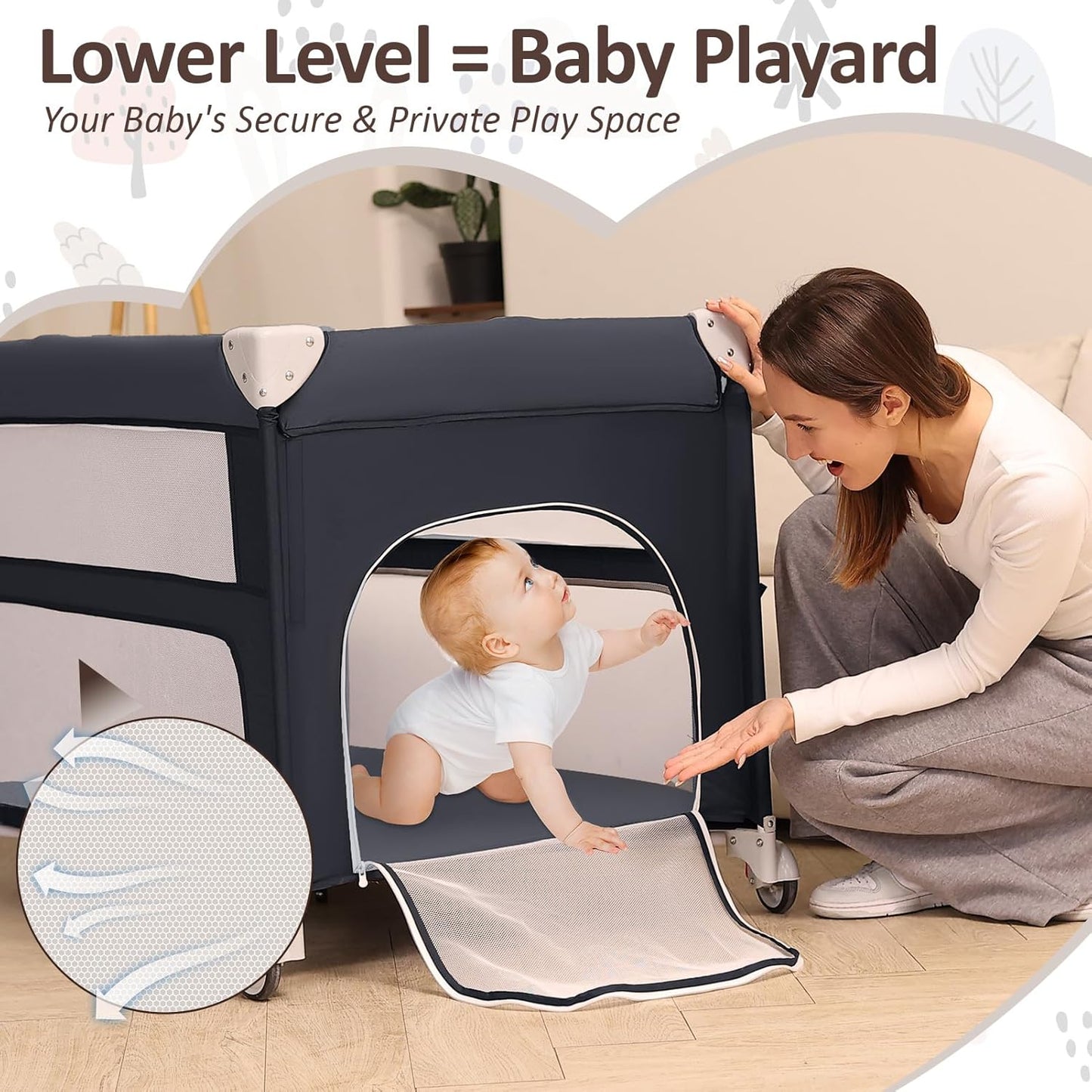 5-in-1 Baby Bassinet Bedside Sleeper, Foldable Pack and Play,One-Push Bedside Crib with Playard, Includes Mattress, Changing Table, Mosquito Net, Music Toy & Storage for Newborn to Toddler (Dark Grey)