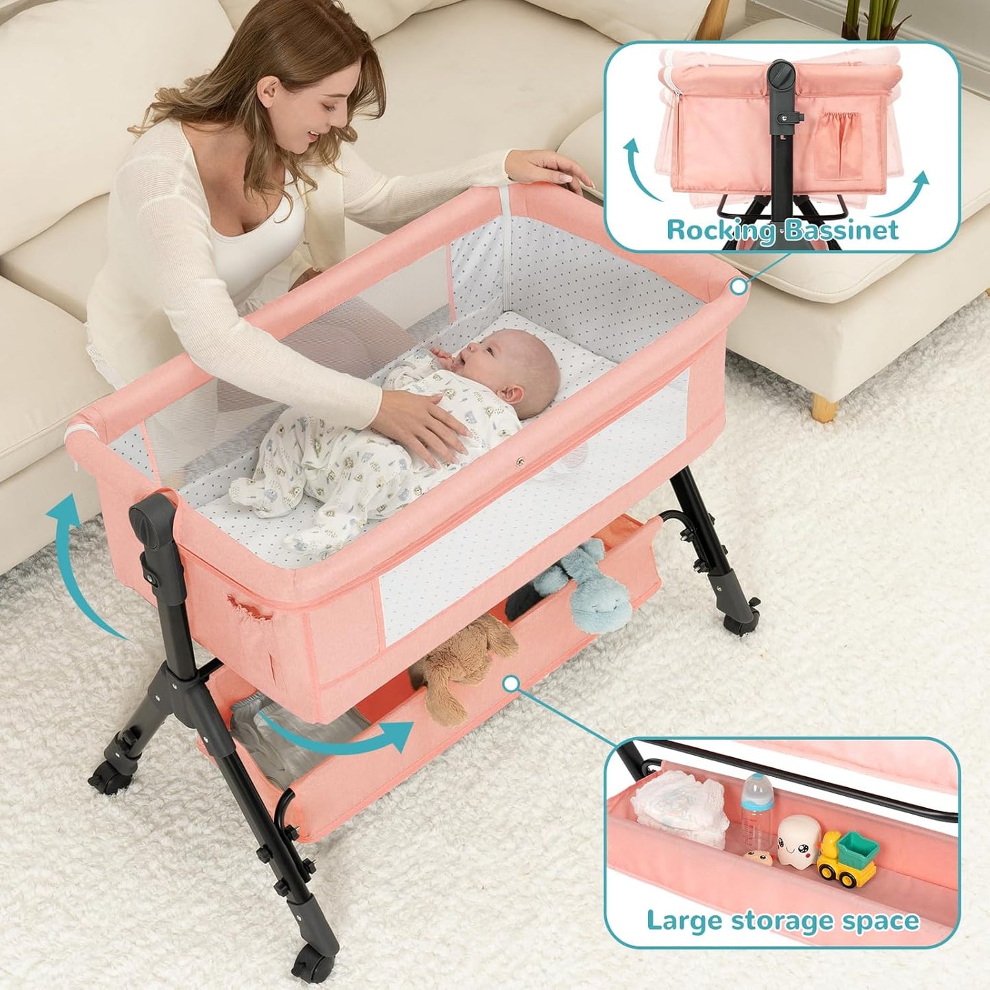 BCOL 3 in 1 Baby Bassinet Bedside Sleeper, Bedside Crib for Baby, Adjustable Baby Bassinet with Wheels, Storage Basket, Mattress, Easy Assemble & Folding Portable Baby Cradle (Grey)