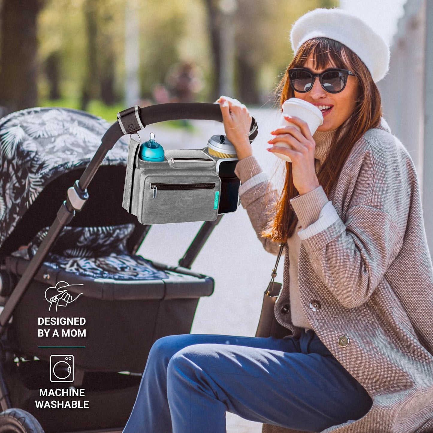 Swanoo Stroller Caddy Organizer With Cup Holder, Non Slip Straps Bag for Phone, Pet Stroller Accessories, Universal Fits Uppababby Vista v2 Wonderfold Wagon, Doona and More