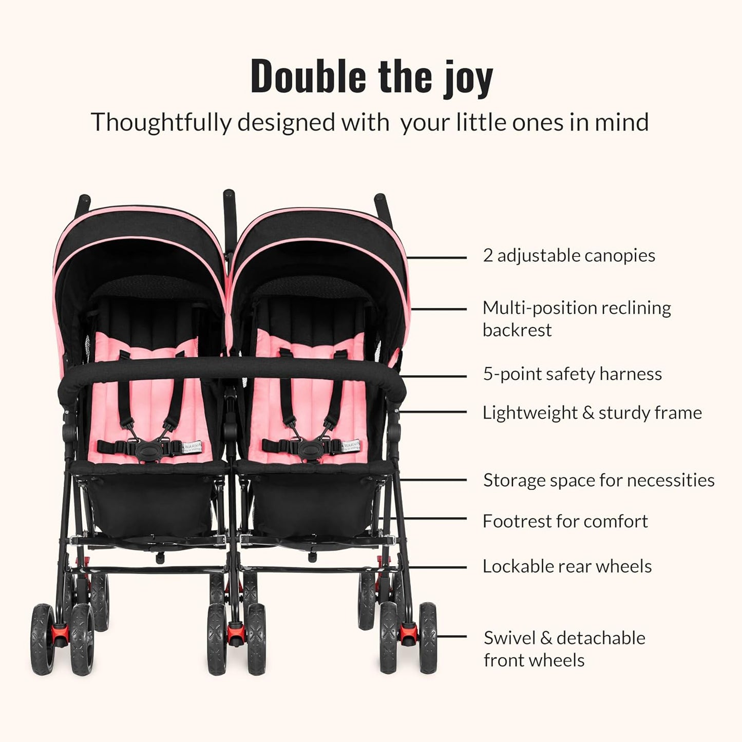 Dream On Me Volgo Twin Umbrella Stroller in Black, Lightweight Double Stroller for Infant & Toddler, Compact Easy Fold, Large Storage Basket, Large and Adjustable Canopy