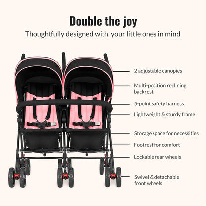 Dream On Me Volgo Twin Umbrella Stroller in Black, Lightweight Double Stroller for Infant & Toddler, Compact Easy Fold, Large Storage Basket, Large and Adjustable Canopy