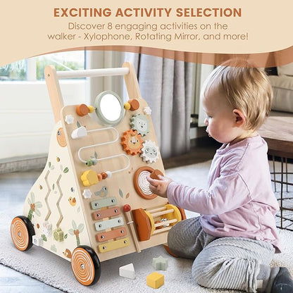 Pithfor Wooden Baby Walker, Baby Push Walker with Activity Center for Girls Boys, Montessori Push Walker Toys for Babies Learning to Walk, Sit-to-Stand, for 10-12 Months 1 2 3 Years Old
