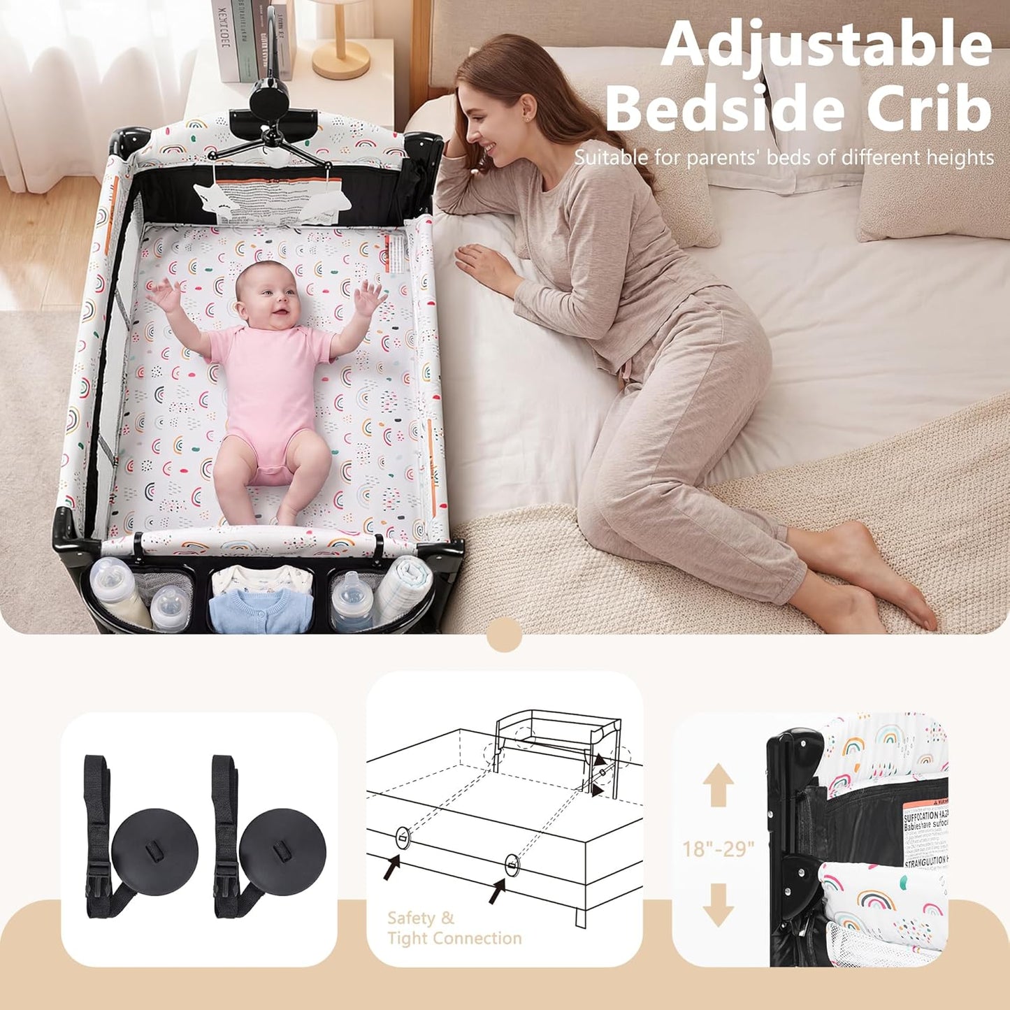 Kinder King 4 in 1 Portable Baby Playard, Foldable Baby Bedside Crib w/Bassinet, Infant Pack and Play Playard Toddler Large Playpen, Newborn Changing Table, Storage Basket, Grey