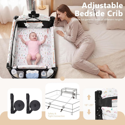Kinder King 4 in 1 Portable Baby Playard, Foldable Baby Bedside Crib w/Bassinet, Infant Pack and Play Playard Toddler Large Playpen, Newborn Changing Table, Storage Basket, Grey