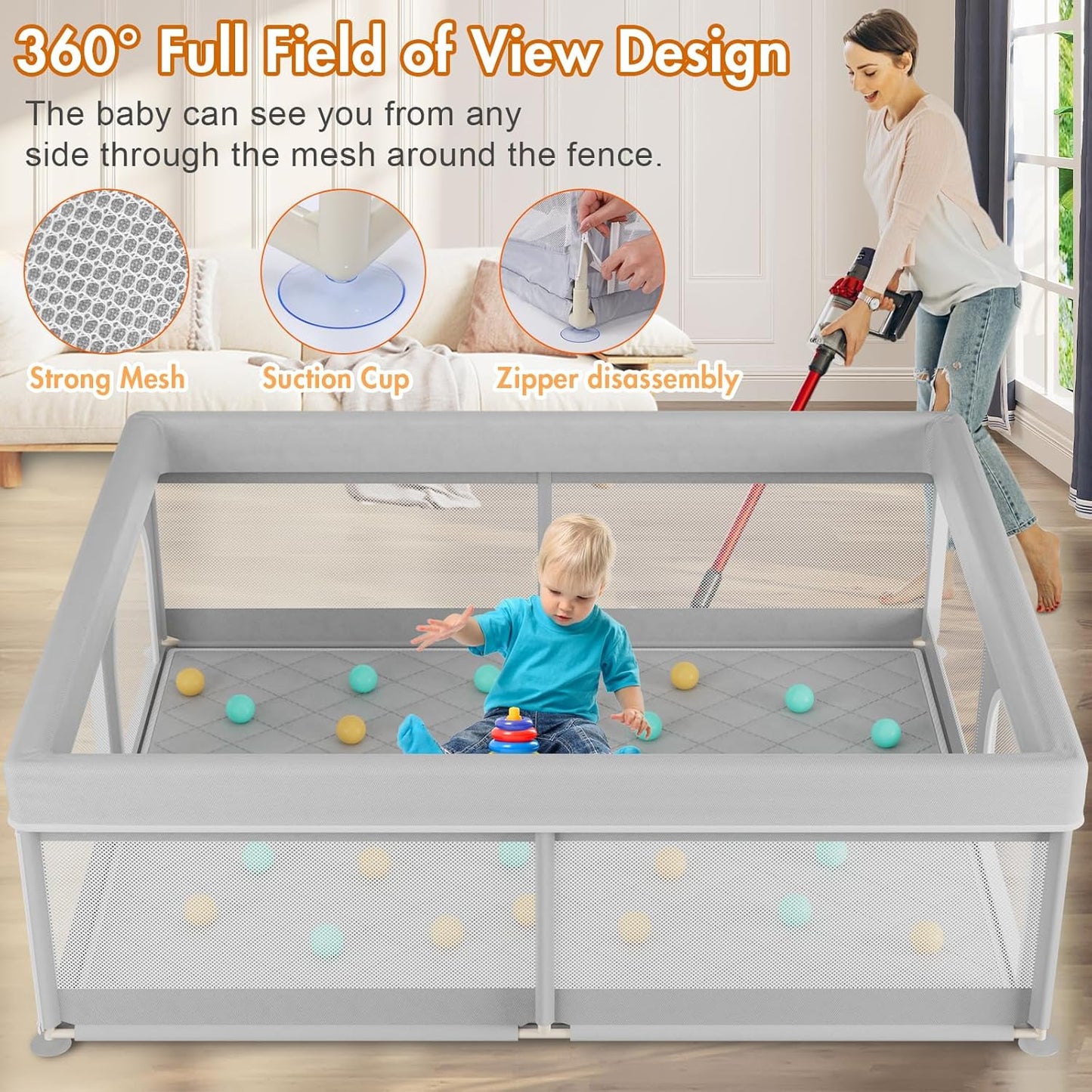 Omzer Baby Playpen with Mat 71"×59" - Extra Large Playpen for Babies and Toddlers with Mat Included, Safety Playard for Baby with Gate, All-Wrapped Soft Sponge Baby Gate Playpen with Stable Mat Velcro