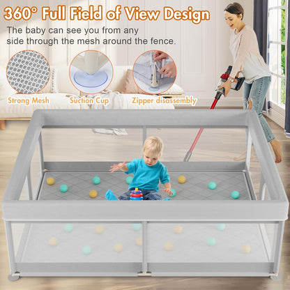 Omzer Baby Playpen with Mat 71"×59" - Extra Large Playpen for Babies and Toddlers with Mat Included, Safety Playard for Baby with Gate, All-Wrapped Soft Sponge Baby Gate Playpen with Stable Mat Velcro