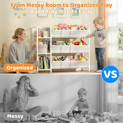 CODACE Kids Toy Organizers and Storage - Toy Shelf for Playroom， Kids Room and Living Room Organization, Toddler Toy Bins for Kids Organizer，Kids Bookshelf and Toy Storage, White, Easy to Assemble