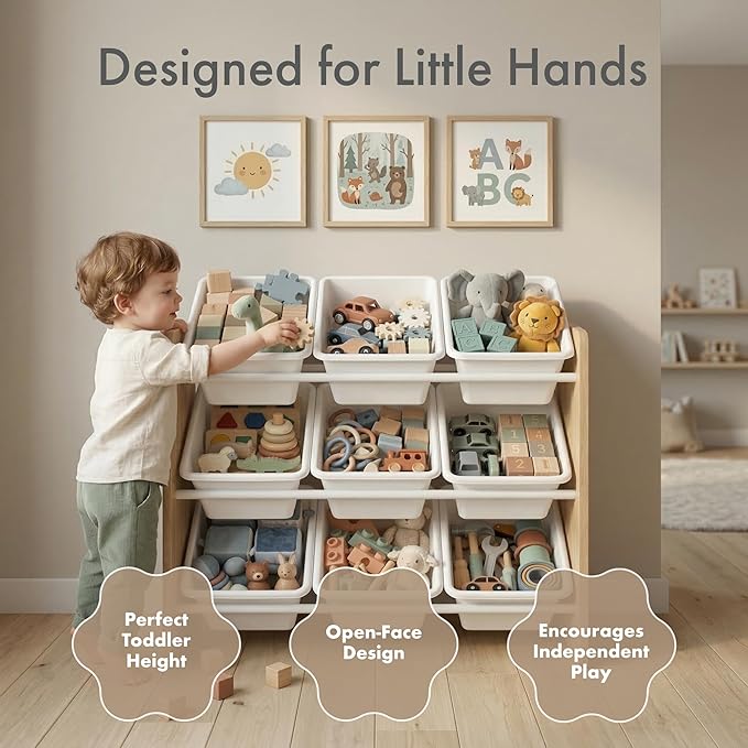 Humble Crew 9-Bin Toy Organizer – Journey Natural Wood with White Plastic Bins, 3-Tier Storage Solution for Kids' Playrooms and Nurseries