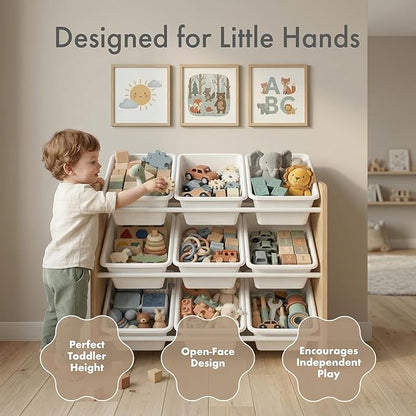 Humble Crew 9-Bin Toy Organizer – Journey Natural Wood with White Plastic Bins, 3-Tier Storage Solution for Kids' Playrooms and Nurseries