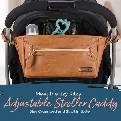 Itzy Ritzy Adjustable Stroller Caddy and Organizer Bag Featuring Front Zippered Pocket, 2 Built-In Interior Pockets & Adjustable Straps to Fit Nearly Any Stroller (Coffee and Cream)