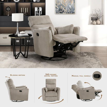 Lexicon Modern Swivel Glider Recliner Chair, Nursery Glider, Corduroy Fabric Upholstery Recliner with 2 Lumbar Pillows, Manual Reclining Sofa Chair for Living Room/Office/Apartment, Beige
